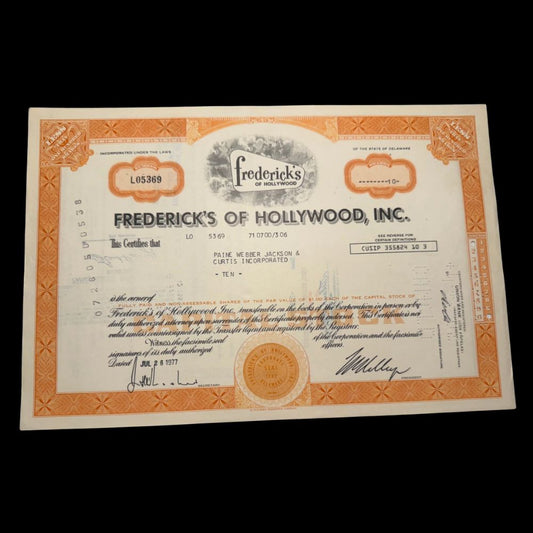 Fredrick's of Hollywood Stock Certificate from 70s (Women's Lingerie Store in LA)