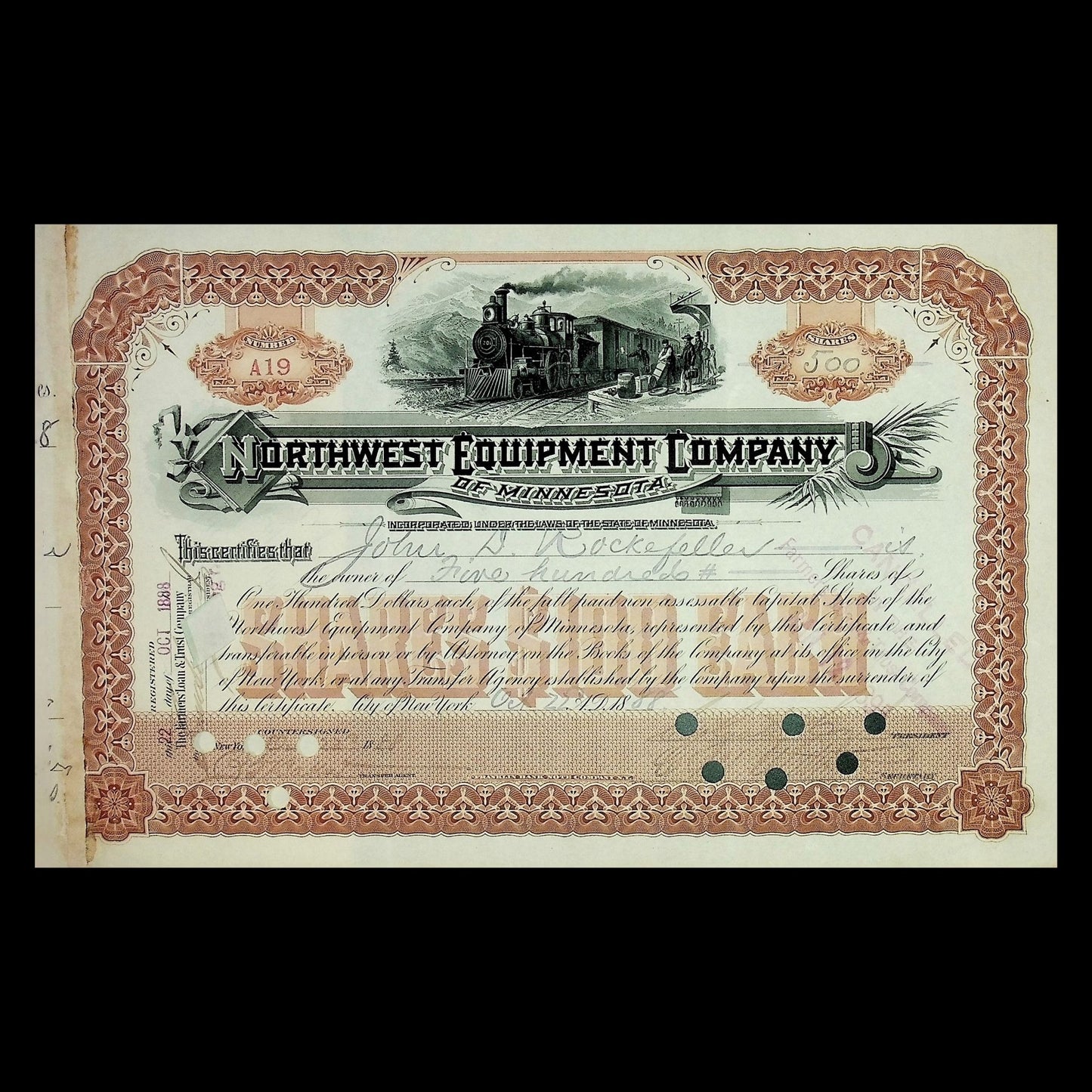 Signed by John D Rockefeller - Northwest Equipment Company Stock Certificate from 1888