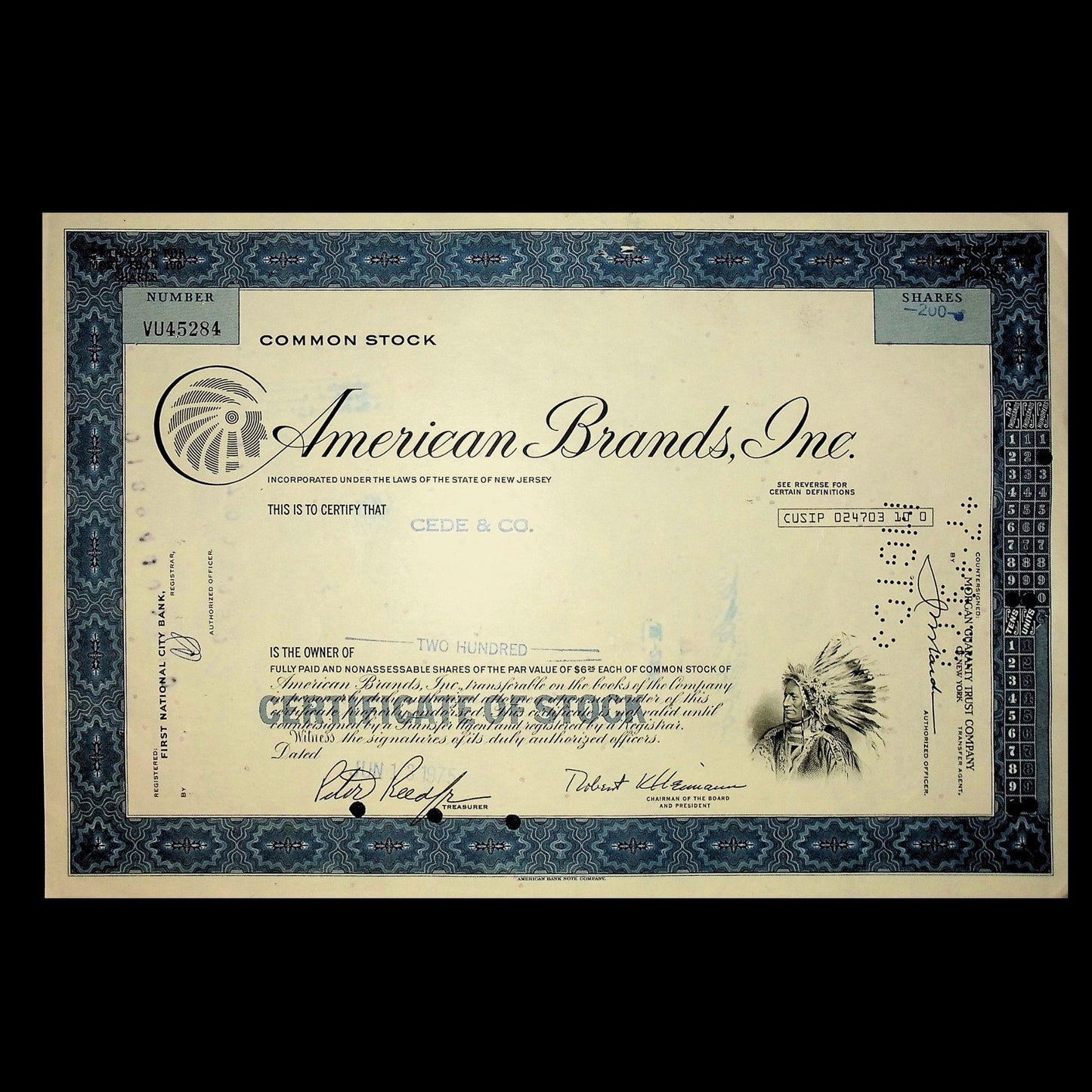 American Brands Inc Stock Certificate (Lucy Strike + Pall Mall cigarettes) from 1970s