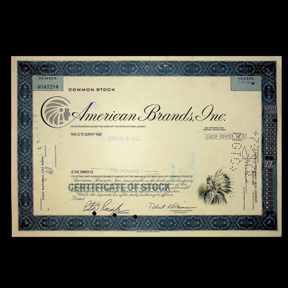 American Brands Inc Stock Certificate (Lucy Strike + Pall Mall cigarettes) from 1970s