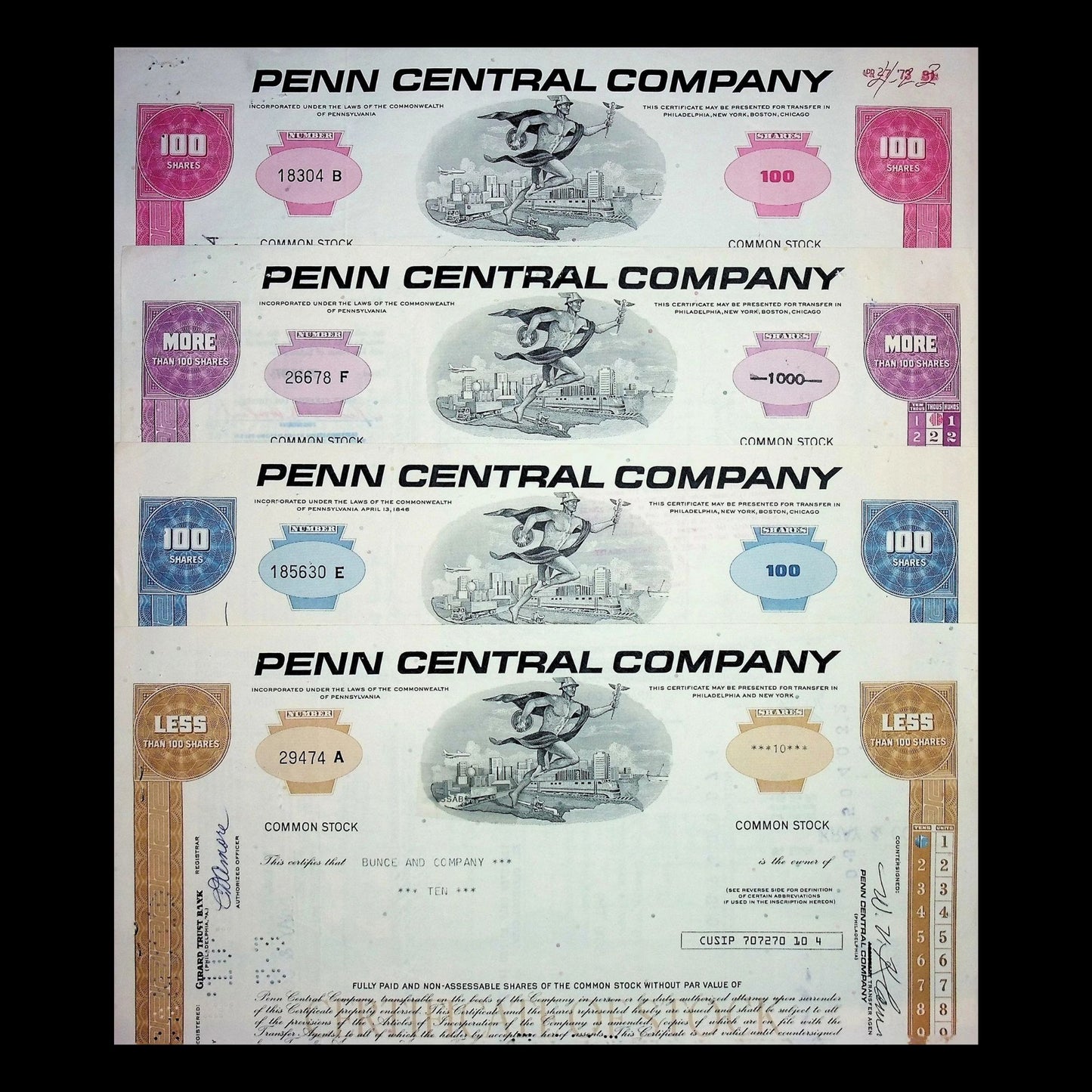 Penn Central Company Railroad Stock Certificate from 1960s/70s (4 color options)