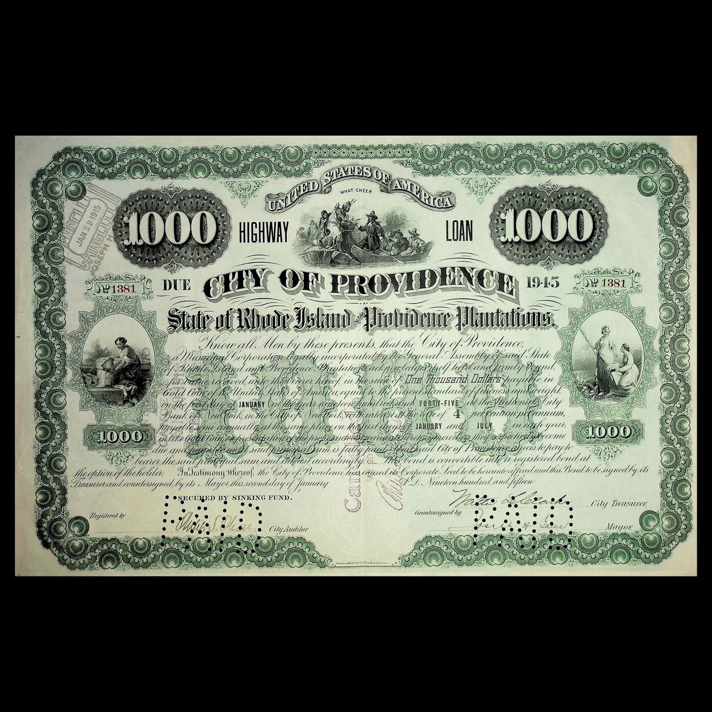 City of Providence, Rhode Island $1,000 Highway/ Water Loan Bond from 1915/ 1930