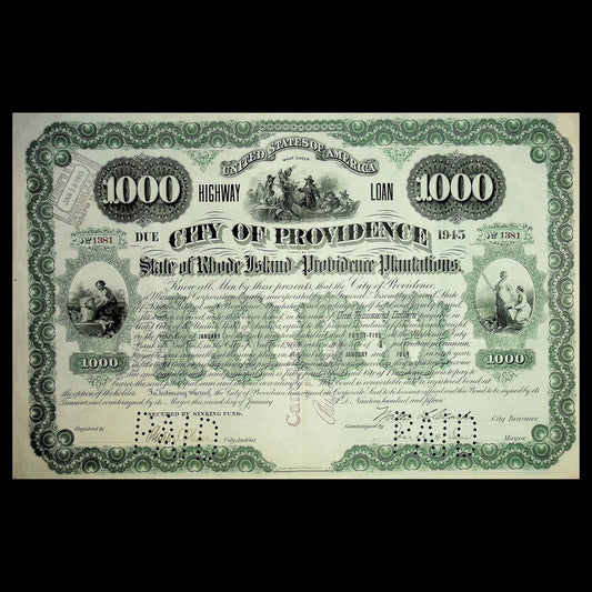 City of Providence, Rhode Island $1,000 Highway/ Water Loan Bond from 1915/ 1930