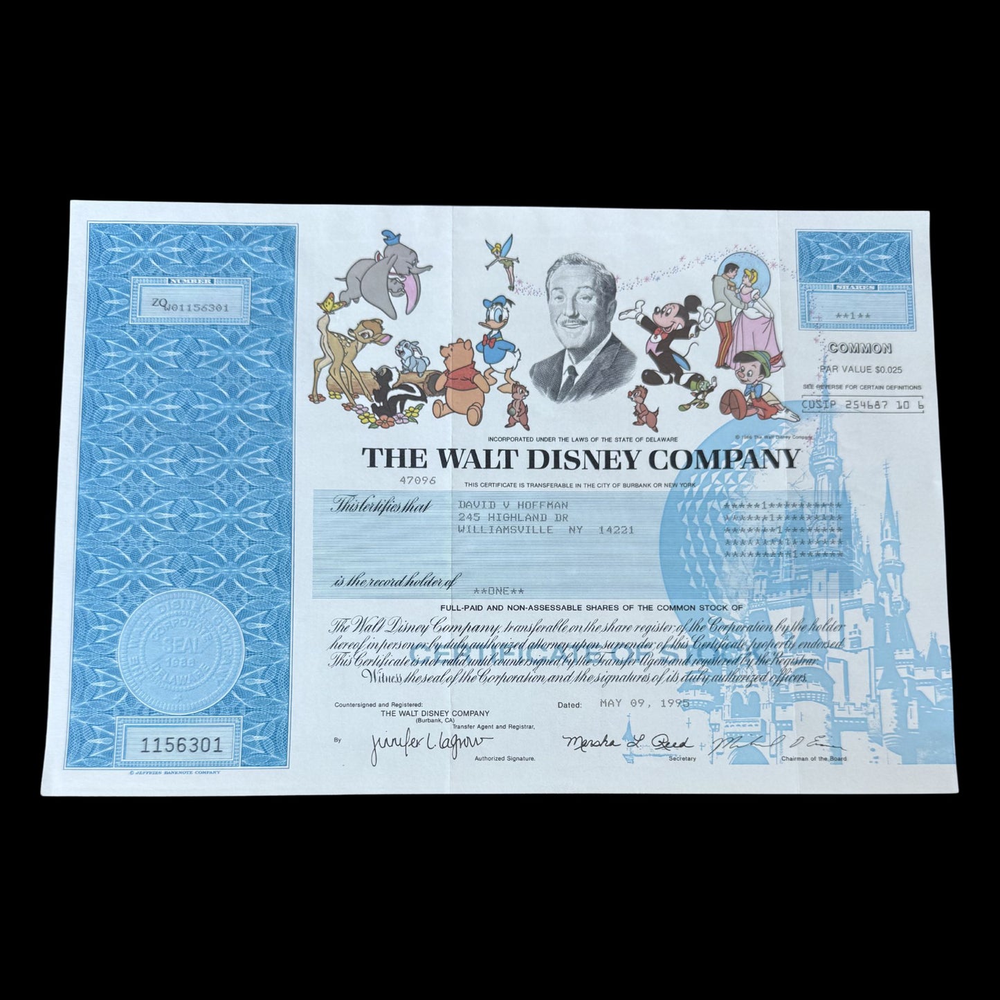 The Walt Disney Company Stock Certificate from 1990s with Mickey Mouse and friends