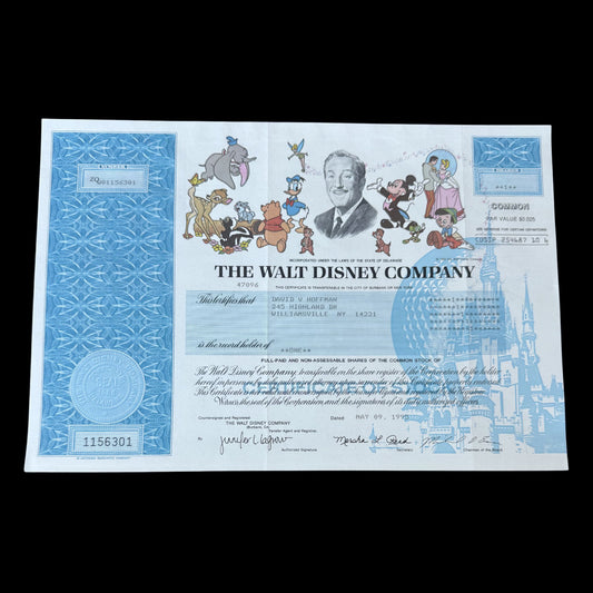 The Walt Disney Company Stock Certificate from 1990s with Mickey Mouse and friends