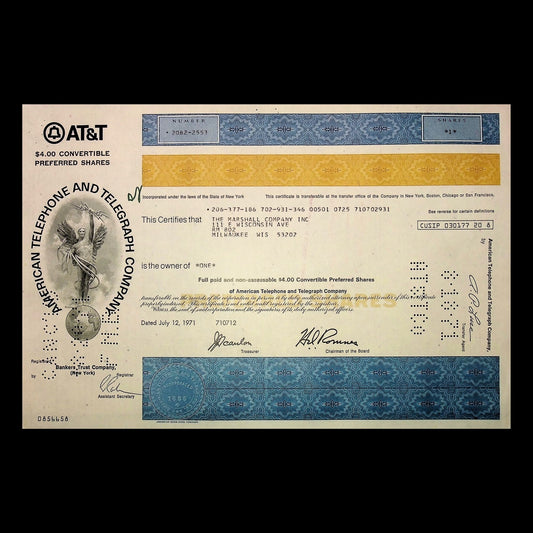 AT&T Stock Certificate 1970s Era (American Telephone and Telegraph Company) - Blue / Yellow Design