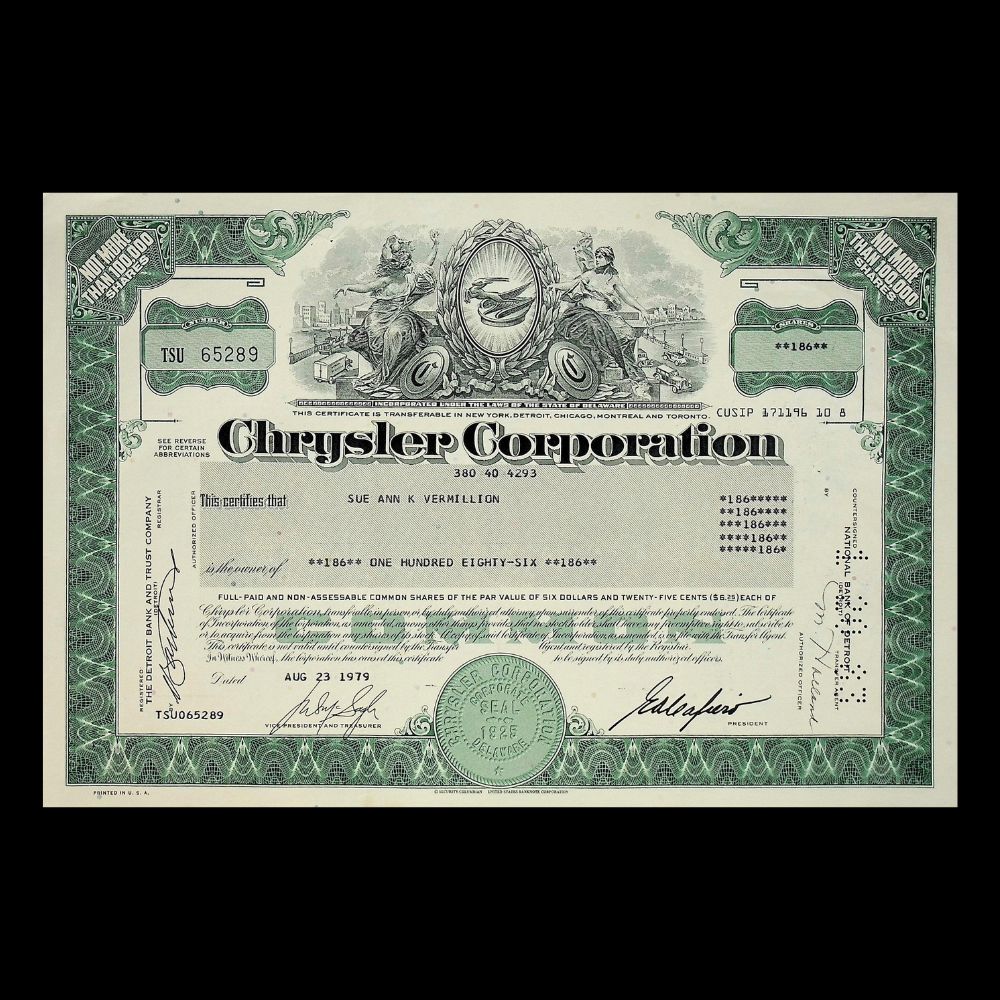 Chrysler Automotive Stock and Bond Certificates from 1970s