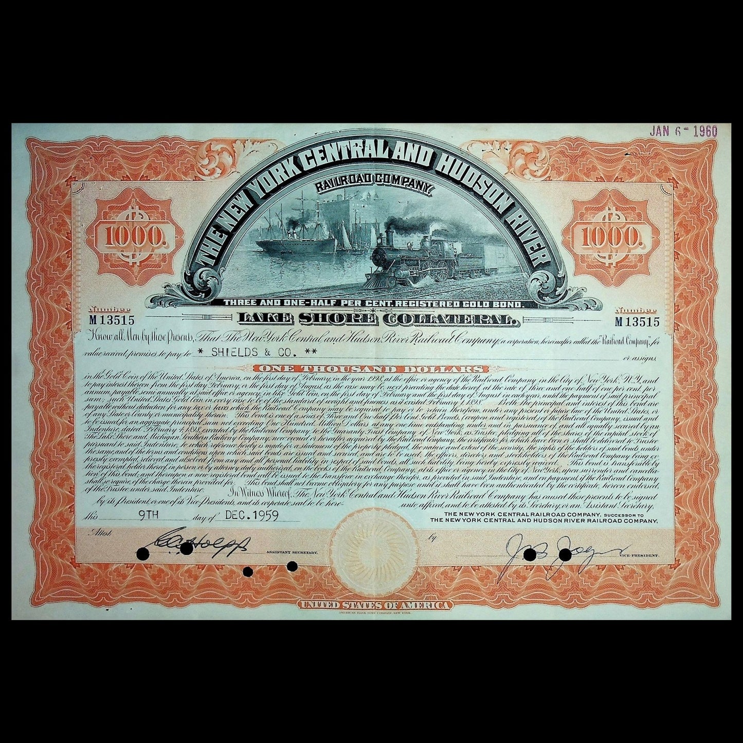 Large New York Central and Hudson River Railroad Company Bonds from 1950s (6 color options)