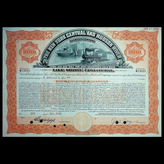 New York Central and Hudson River Railroad Company Bonds from 1950s (6 color options)