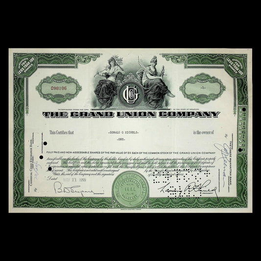 The Grand Union Supermarket (now Tops Friendly Market) Company Stock Certificate