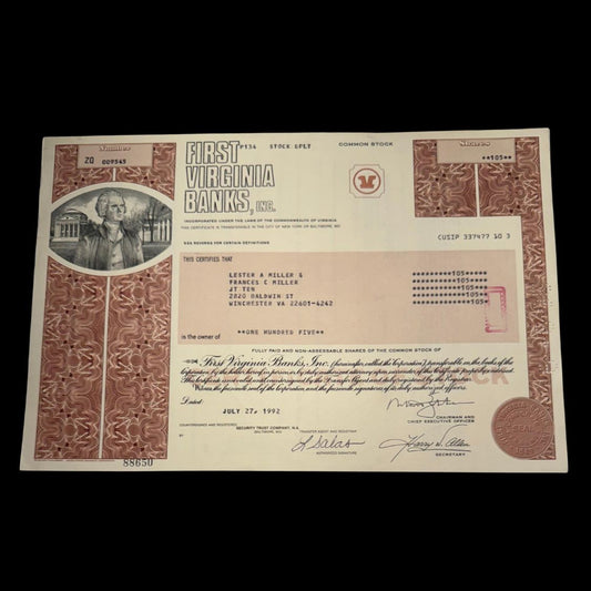 First Virginia Banks (now Truist Financial) Stock Certificate with Thomas Jefferson