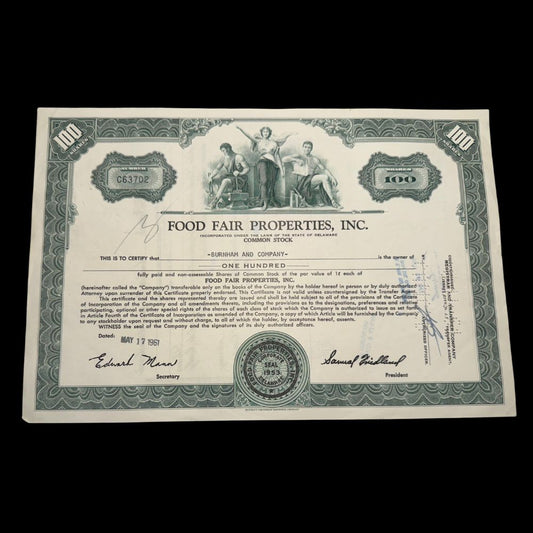 Food Fair Properties, now Revlon, Stock Certificate from 1960s