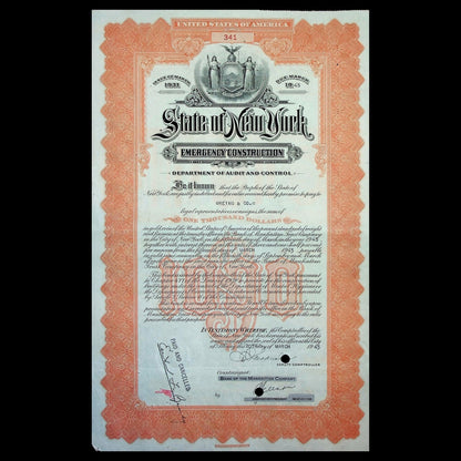State of New York Emergency Construction Bond Certificate from 1940s