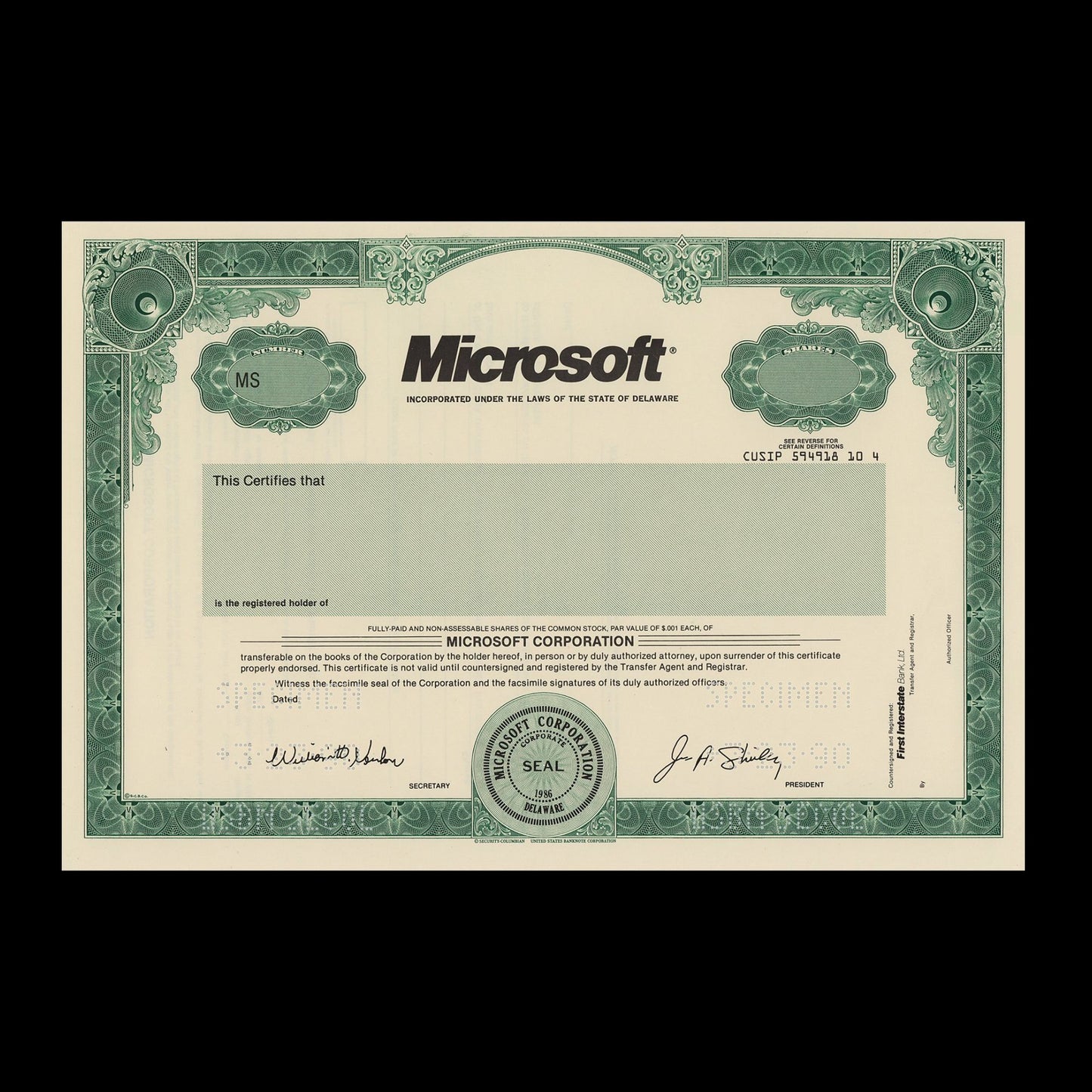 Microsoft Stock Certificate Replica Blank Postcard