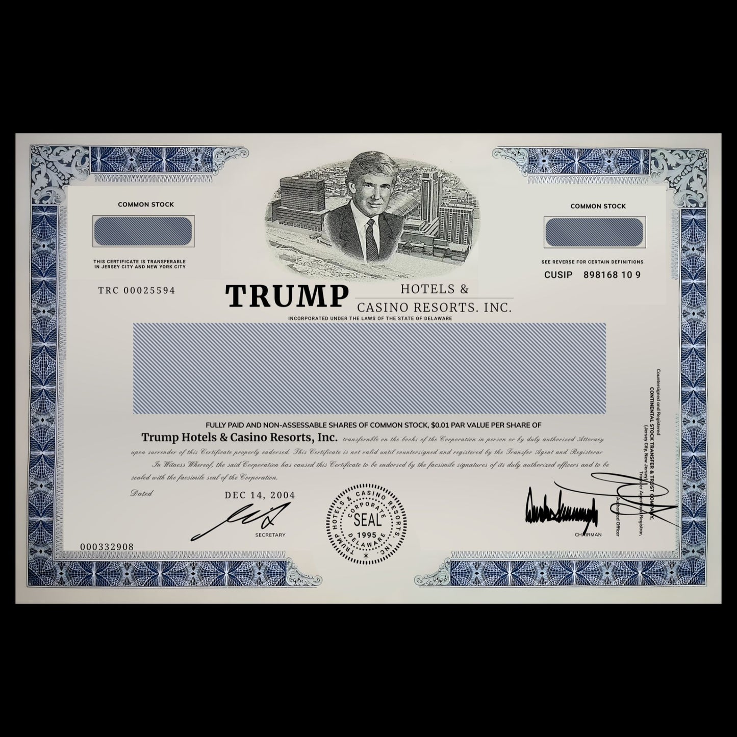 Trump Hotels & Casino Resorts Inc (2004) Stock Certificate Replica Postcard