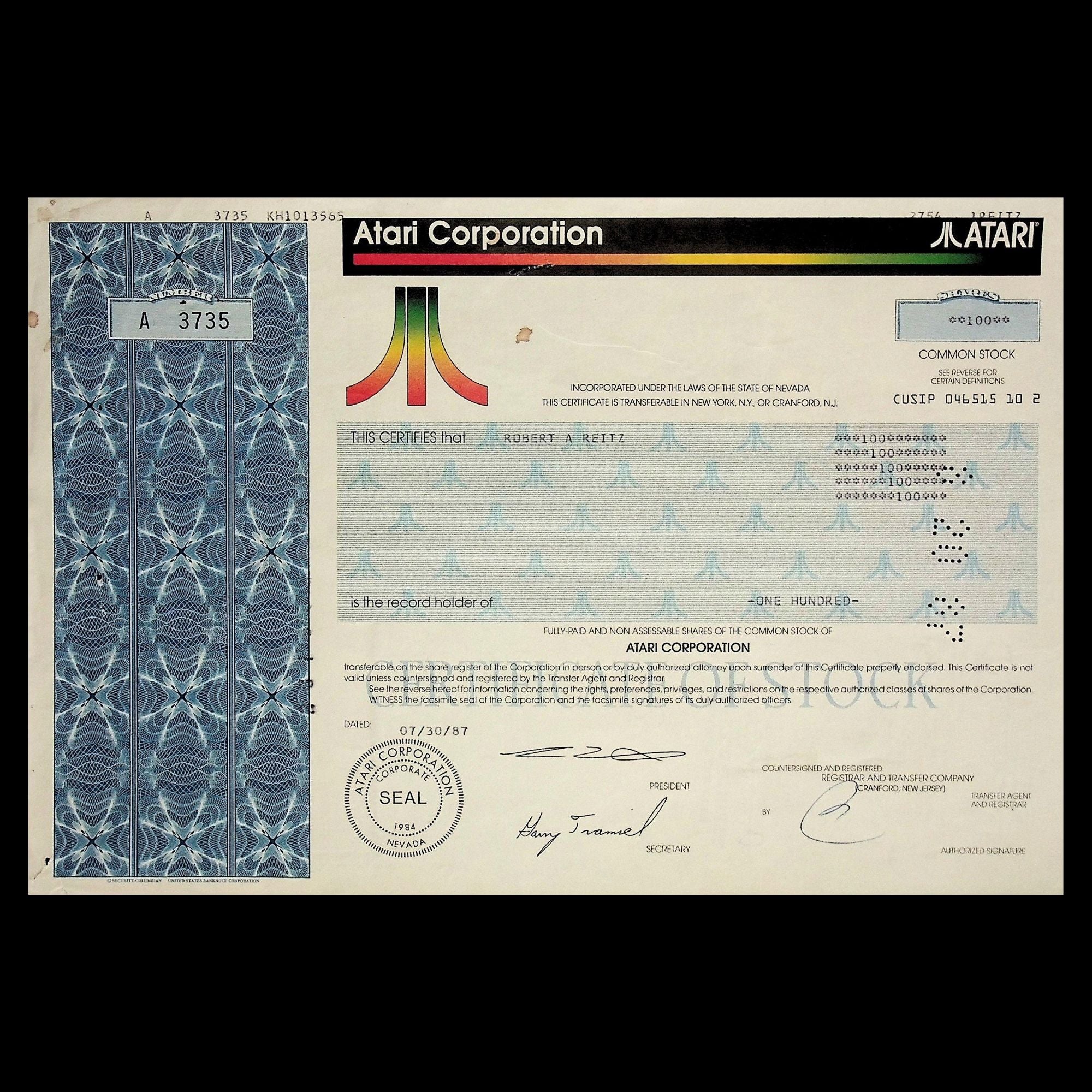 Atari Stock Certificate from 1980s