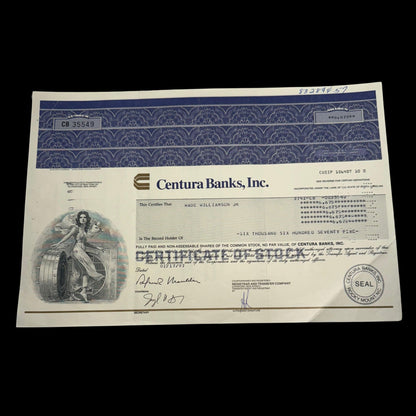 Centura Banks (RBC, now PNC Bank) Inc Stock Certificate from 1997