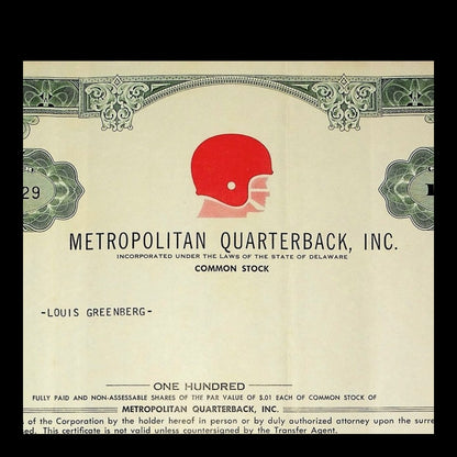 Metropolitan Quarterback, Inc. Stock Certificate from 1969