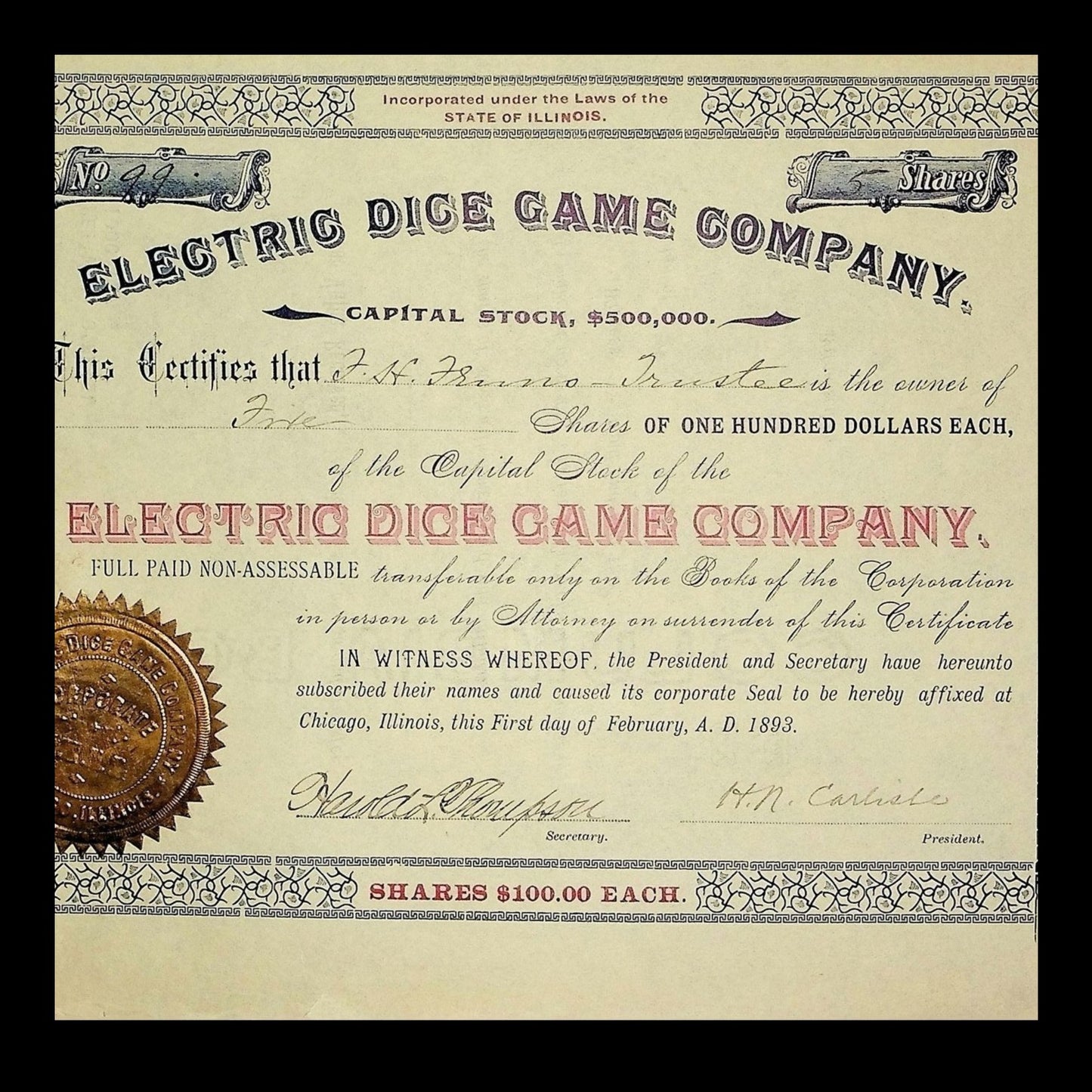 Electric Dice Game Company Stock Certificate from 1893