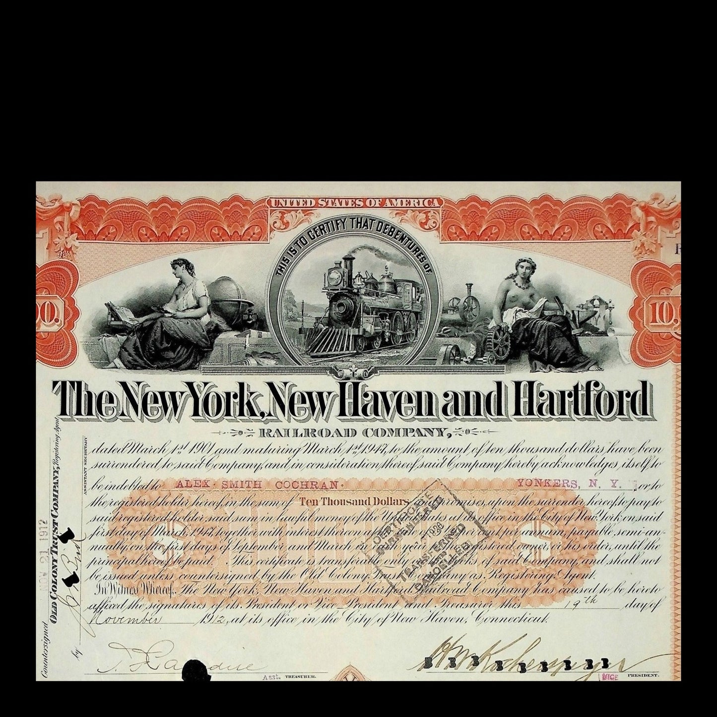 New York, New Haven and Hartford Railroad Stock Certificate from 1912