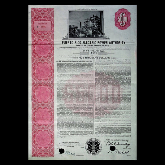 Puerto Rico Electric Power Authority (PREPA) Bond Certificate from 1981