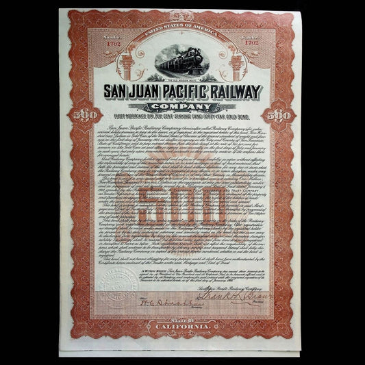 San Juan Pacific Railway Company (California) Uncanceled Bond Certificate 1908