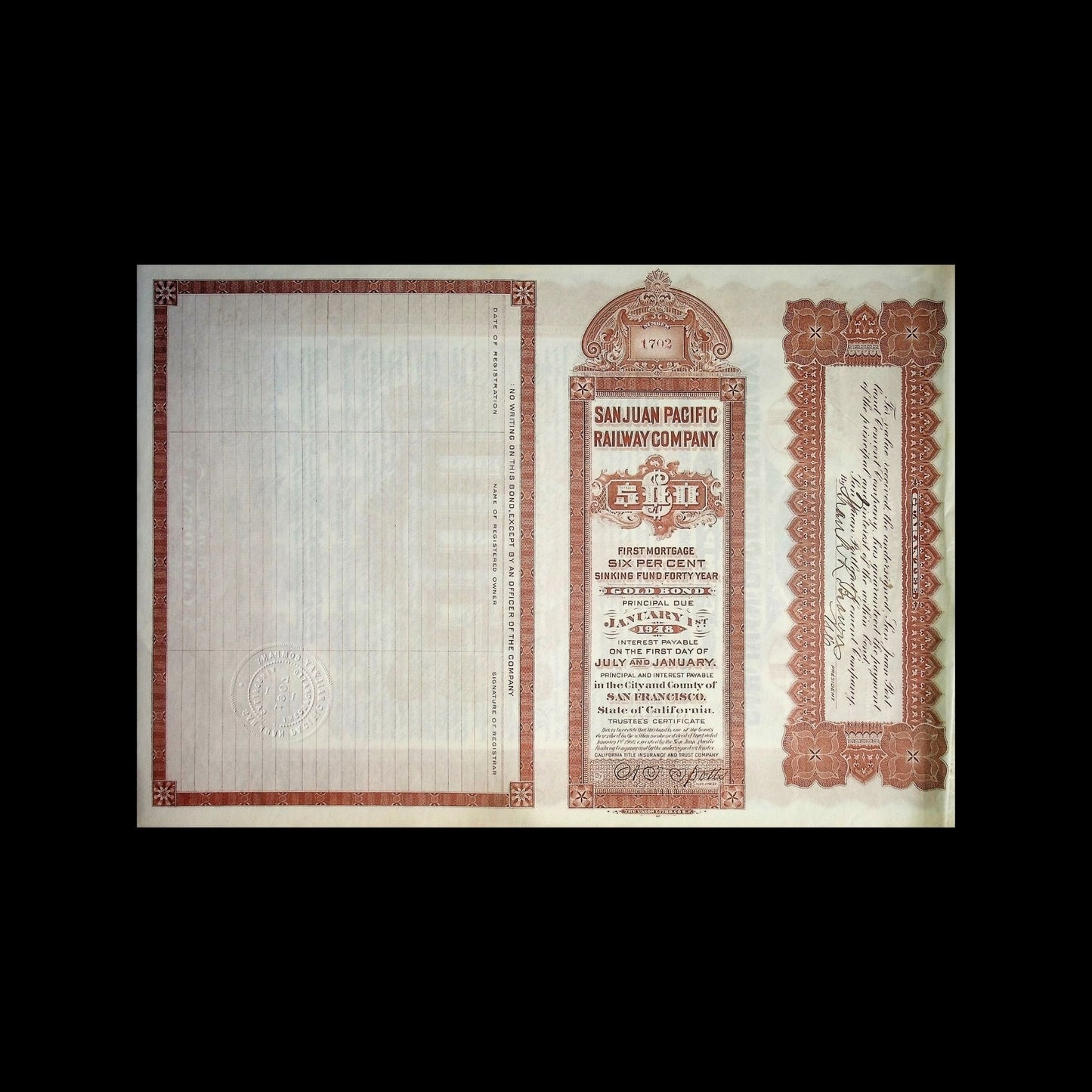 San Juan Pacific Railway Company (California) Uncanceled Bond Certificate 1908