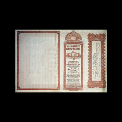 San Juan Pacific Railway Company (California) Uncanceled Bond Certificate 1908