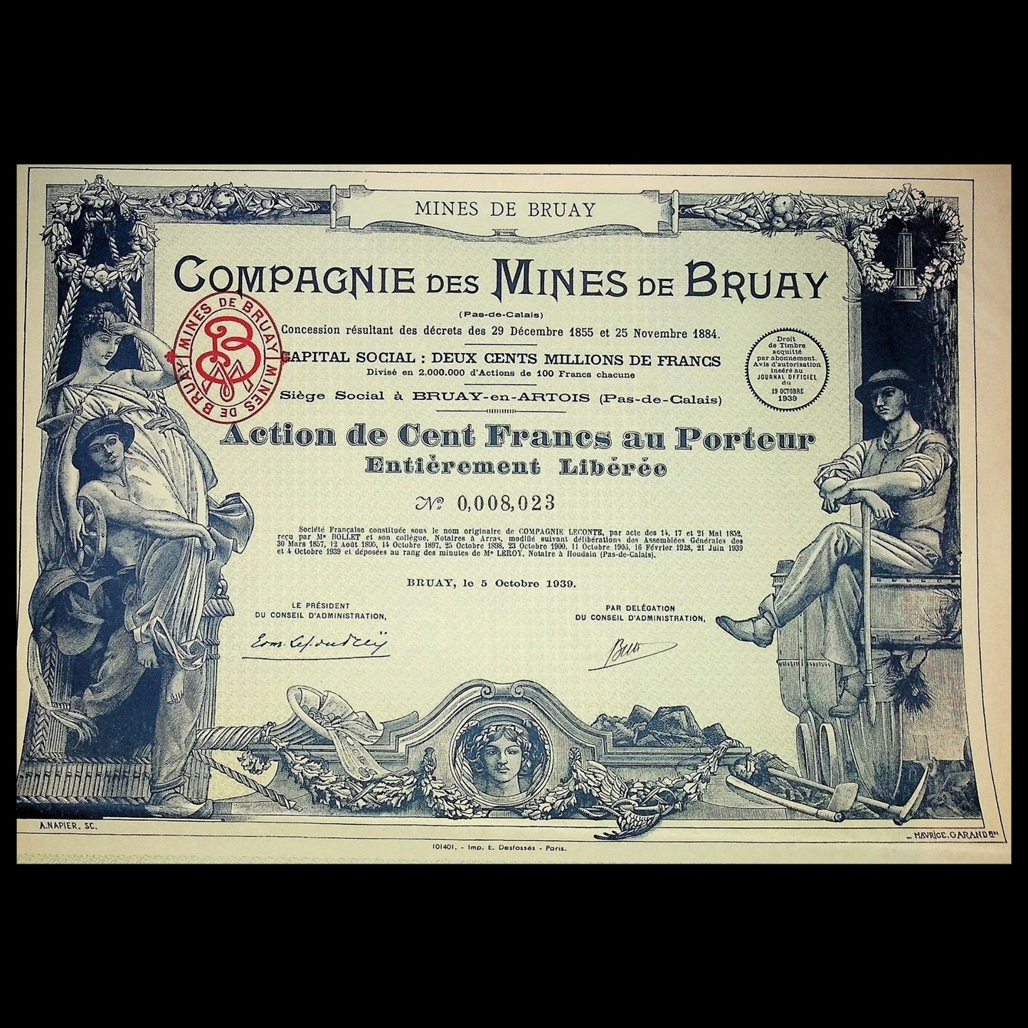 Compagine des Mines de Bruay French Bond Certificate 1930s