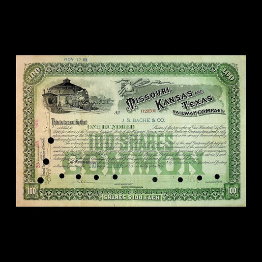Missouri, Kansas and Texas Railway Company Stock Certificate early 1900s