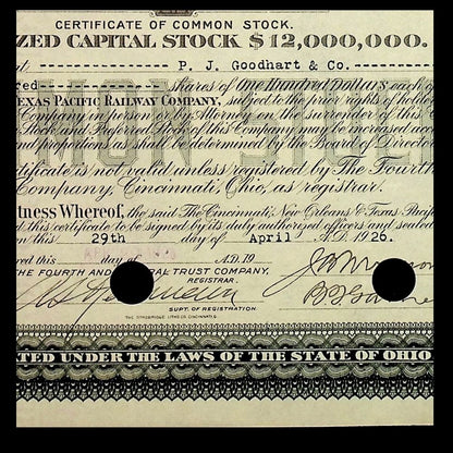 The Cincinnati, New Orleans, and Texas Pacific Railway Company Stock Certificate from 1920s