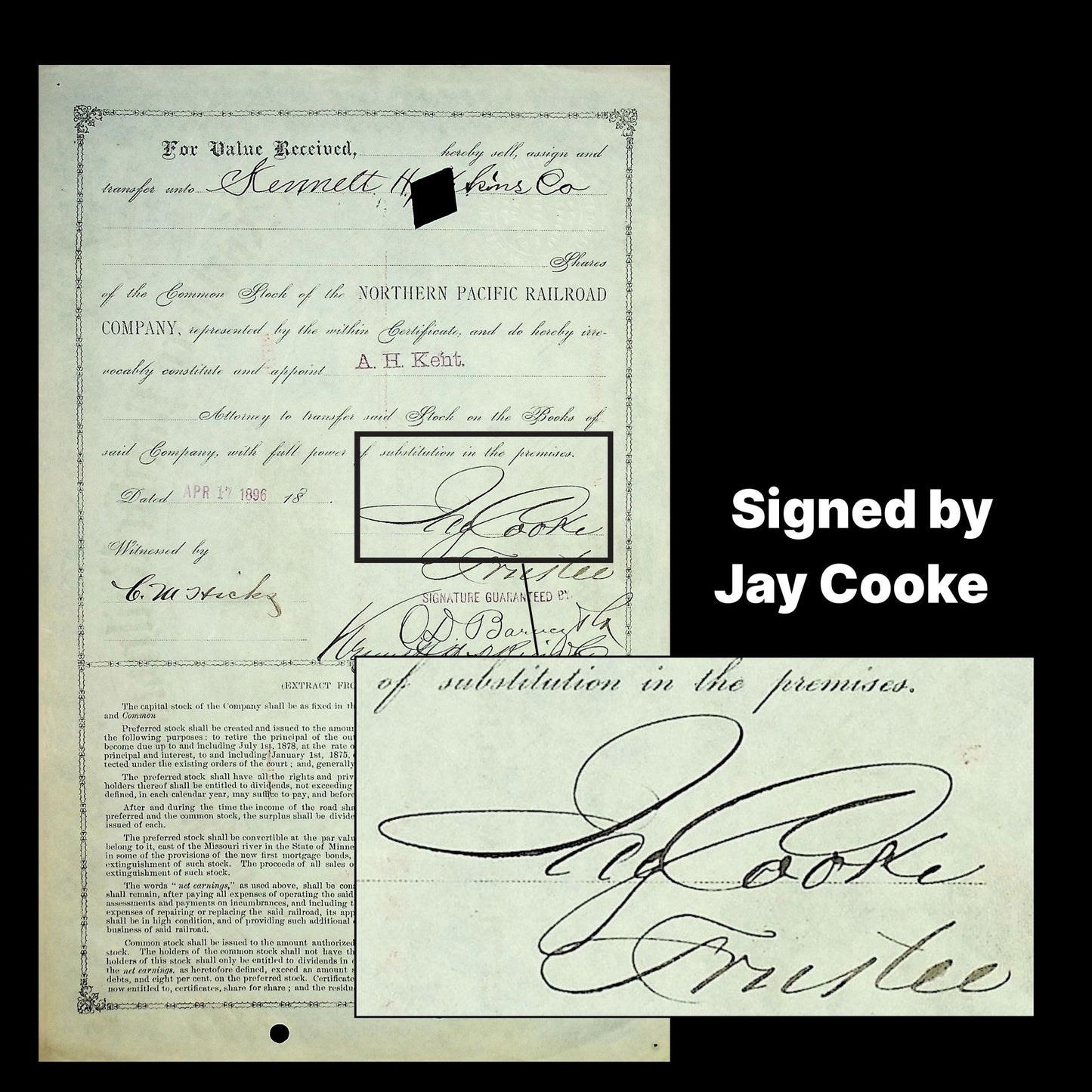 Northern Pacific Railroad Company Stock Certificate – Issued and Signed by Jay Cooke from 1876