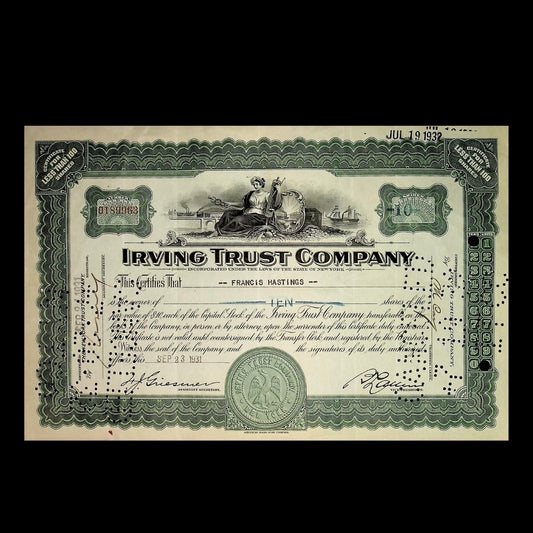 Irving Trust Company (now BNY Melon) Stock Certificate from 1930s