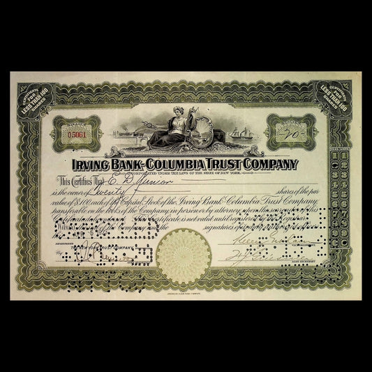 Irving Bank Columbia Trust Company Stock Certificate from 1920s