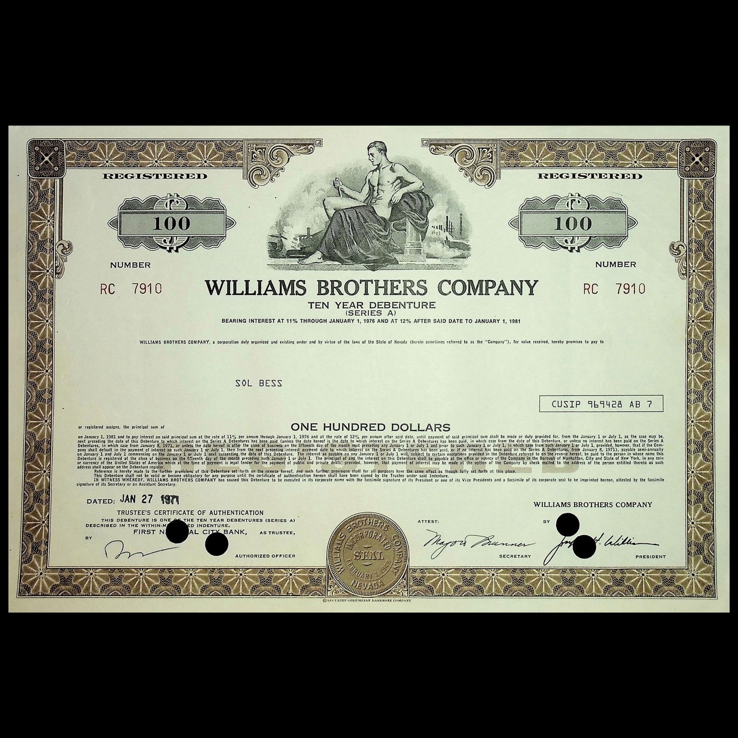 Williams Brothers Company (reduced by Buffet) Bond Certificate