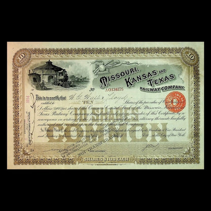 Missouri, Kansas and Texas Railway Company Stock Certificate early 1900s