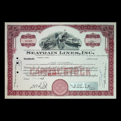 Seatrain Lines Inc Stock Certificate from 1950 - 1960 with Train and Ship