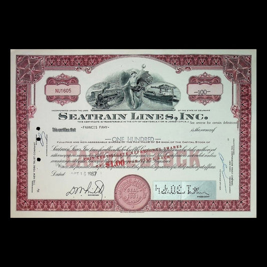 Seatrain Lines Inc Stock Certificate from 1950 - 1960 with Train and Ship