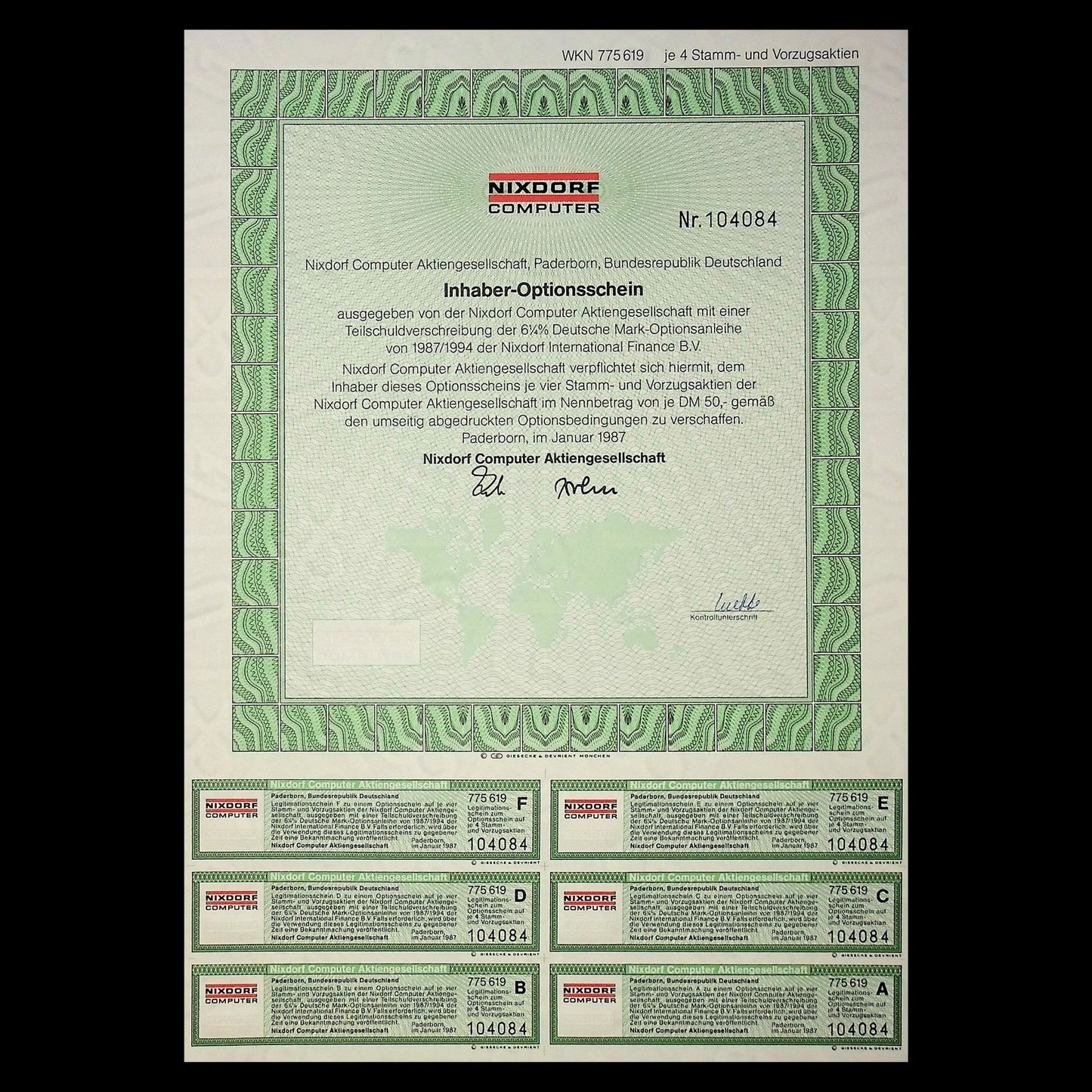 Nixdorf Computer Warrant Certificate in German from 1987