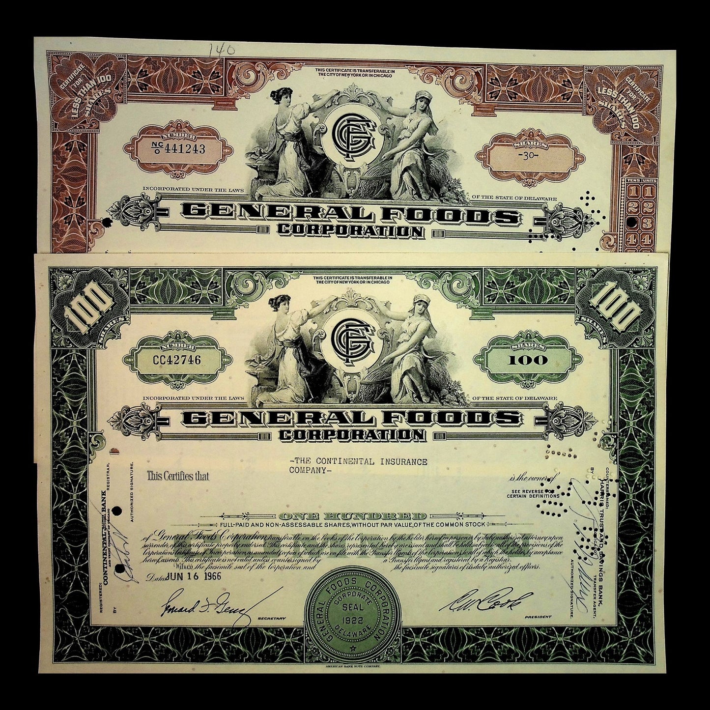 General Foods Corporation Stock Certificates from 1960s (Brown and Green)