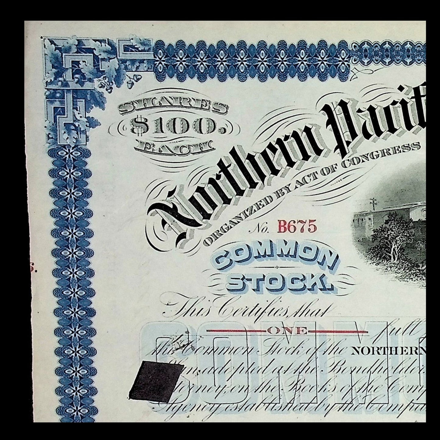 Northern Pacific Railroad Company Stock Certificate – Issued and Signed by Jay Cooke from 1876