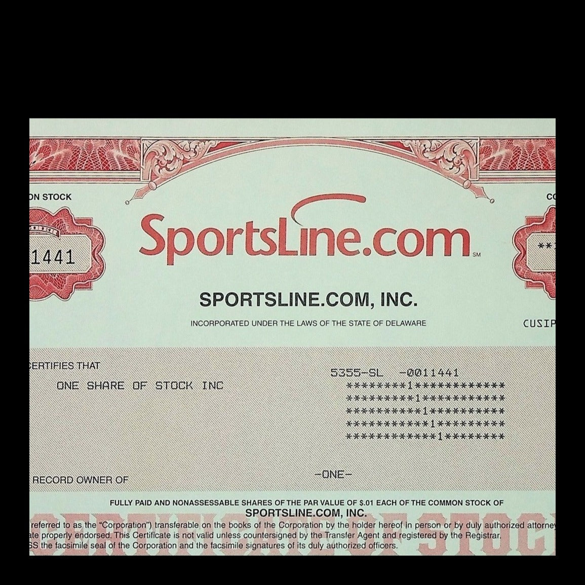 Sportsline.com Inc. Stock Certificate from 2003