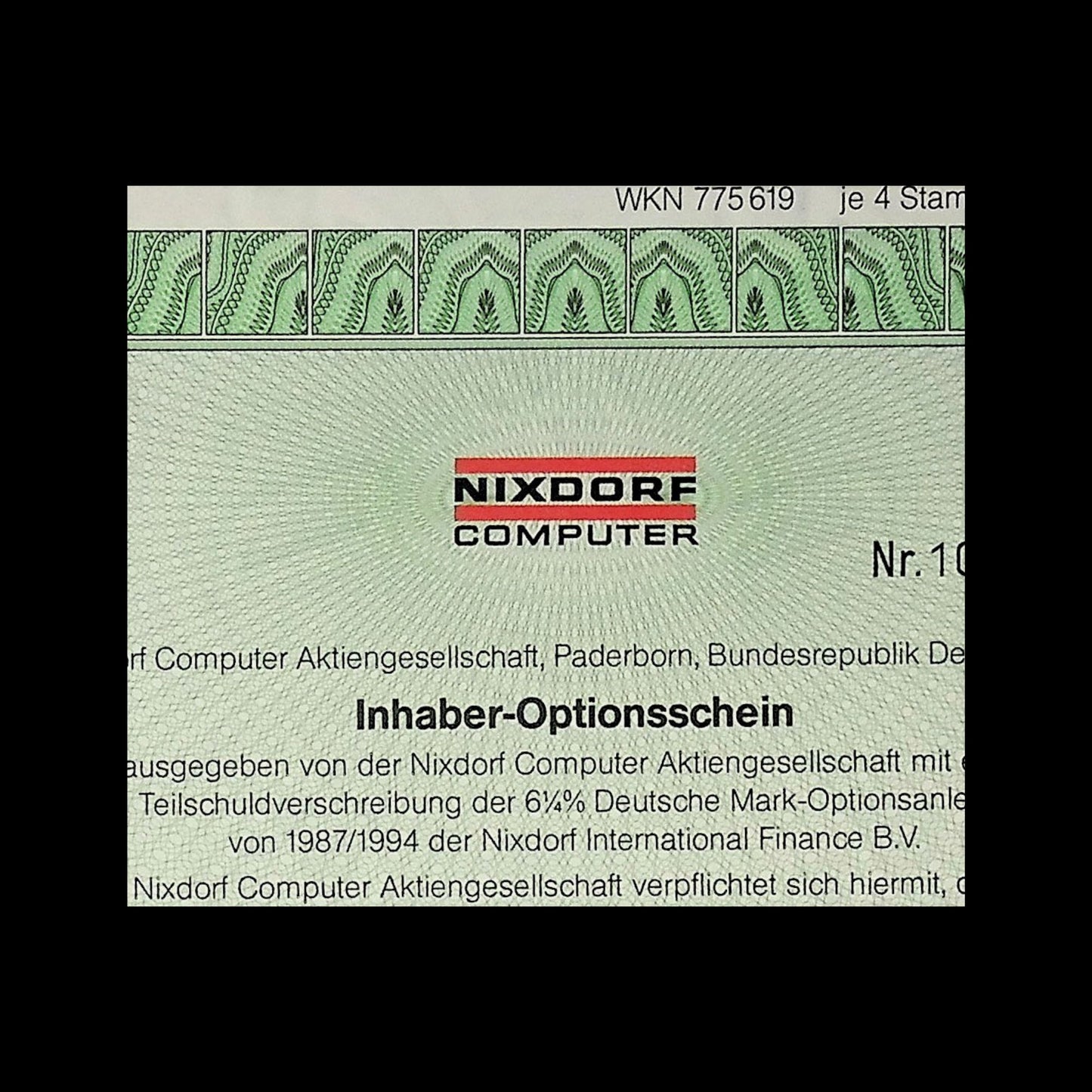 Nixdorf Computer Warrant Certificate in German from 1987