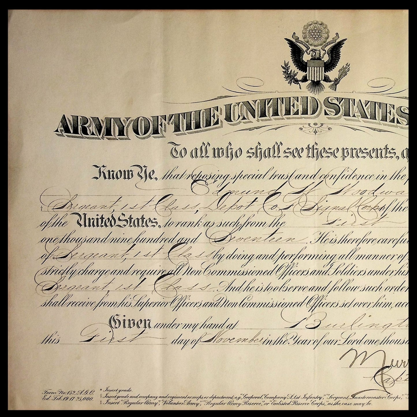 US Army Promotion Warrant from 1917 (World War 1)