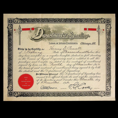 Department of Signaling (Railroad) School of Engineering Certificate from 1916