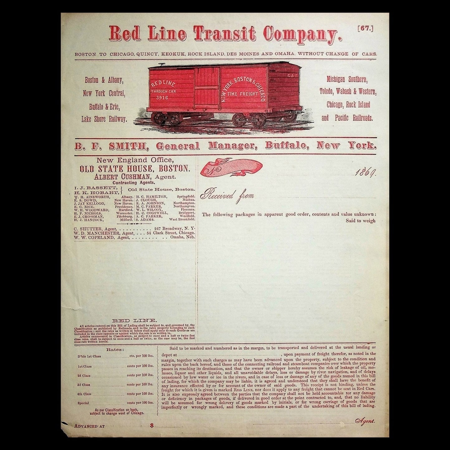 Red Line Transit Company Unused Shopping Receipt 1869