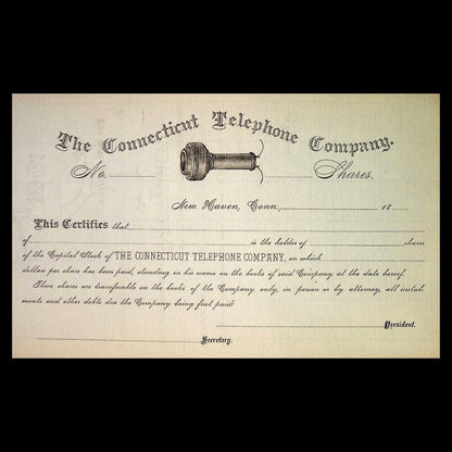 Connecticut Telephone Company Unissued Stock Certificate from 1890s