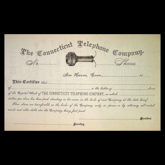 Connecticut Telephone Company Unissued Stock Certificate from 1890s