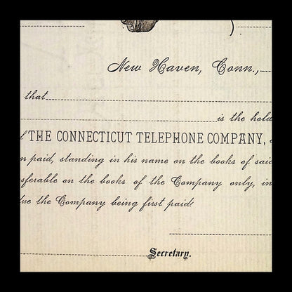 Connecticut Telephone Company Unissued Stock Certificate from 1890s