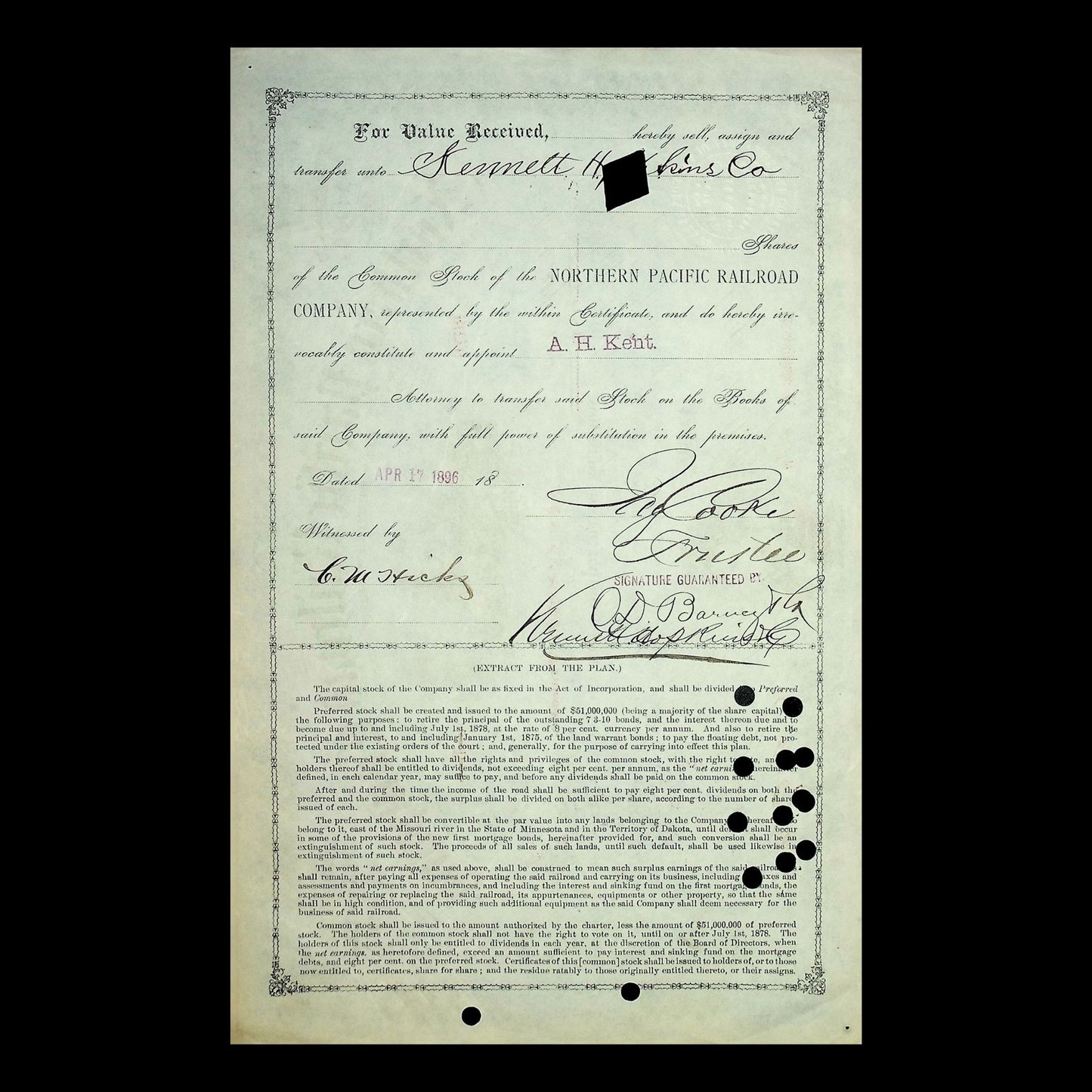 Northern Pacific Railroad Company Stock Certificate – Issued and Signed by Jay Cooke from 1876